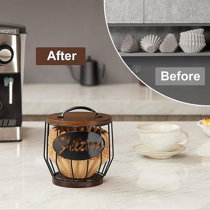 Yangbaga Coffee Filter Holder with Wood Lid,Wood and Metal Coffee Filter Storage Container Basket for Coffee Filters 2-4 Cup,Round Coffee Filter Holder Case for Counter,Coffee Bar Accessories decor