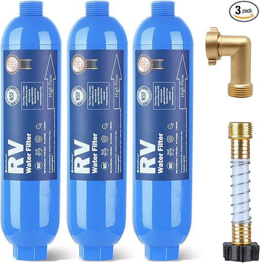 SheeChung RV Water Filter, NSF Certified, 3 PACK Inline Hose Water Filter with Brass 90 Degree Hose Elbow and Flexible Hose Protector, for RV, Boat, Camping – Reduces Odors, Bad Taste, Chlorine, Rust
