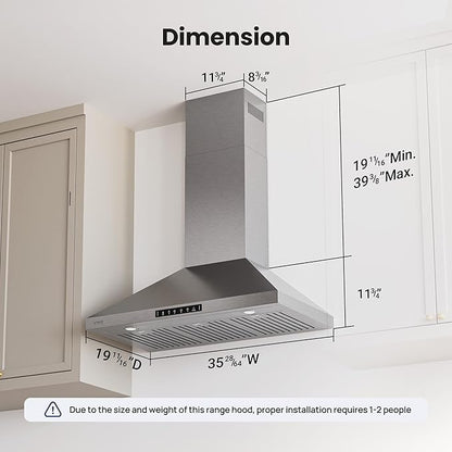Wall Mount 36 Inch Range Hood 900 CFM, Ductless/Ducted Convertible Kitchen Hood, 3-speed Gesture Sensing & Touch Control, Stainless Steel Kitchen Vent Hood with Permanent Baffle Filters