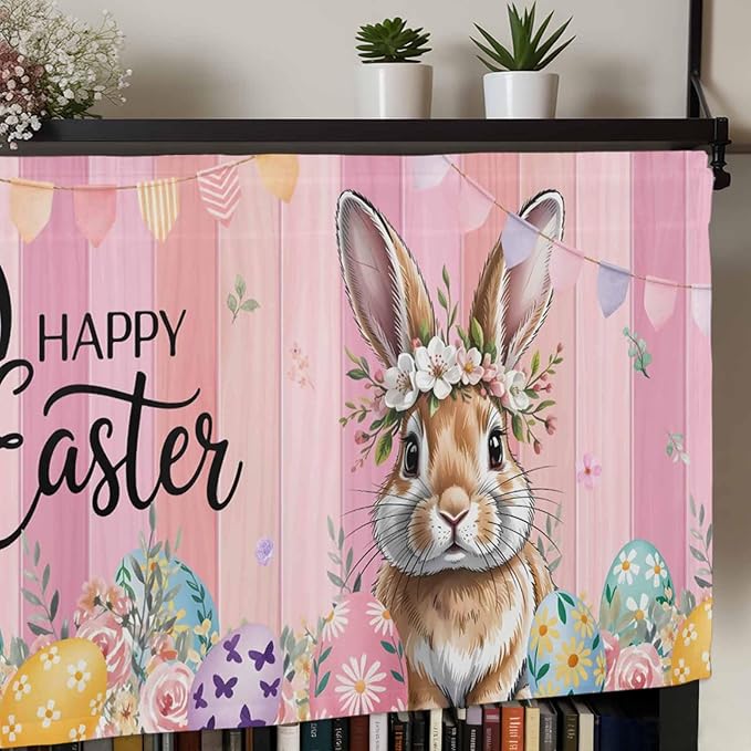 Easter Curtain Valances for Windows, Kitchen Valance Window Treatment, Spring Rabbit Eggs Flowers Flags Leaves Wood Grain Light Filtering Block Curtains for Bathroom/Bedroom/Living Room 60'' x 18''