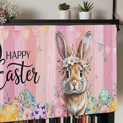 Easter Curtain Valances for Windows, Kitchen Valance Window Treatment, Spring Rabbit Eggs Flowers Flags Leaves Wood Grain Light Filtering Block Curtains for Bathroom/Bedroom/Living Room 60'' x 18''
