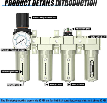 4 Stage Air Drying System 3/4" NPT Heavy Duty Industrial Grade,Coalescing Filter,Double Particulate Filter,Desiccant Dryer and Air Regulator For Plasma Cutter and Paint Spray, Manual Drain