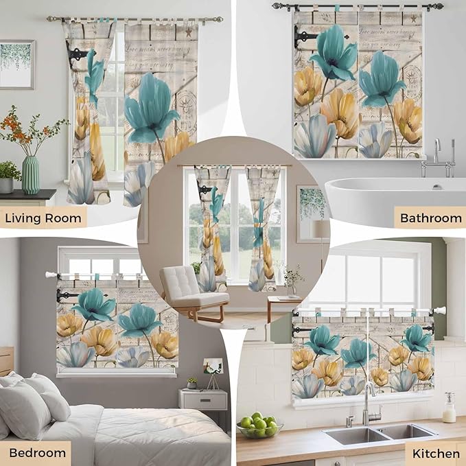 Watercolor Flowers Bedroom Curtains 63 Inch Length, Window Curtains Tab Top, Vintage Tulips Floral Barn Doors Wood Grain Light Filtering Window Treatments Drapes 42"x63" 2 Panel
