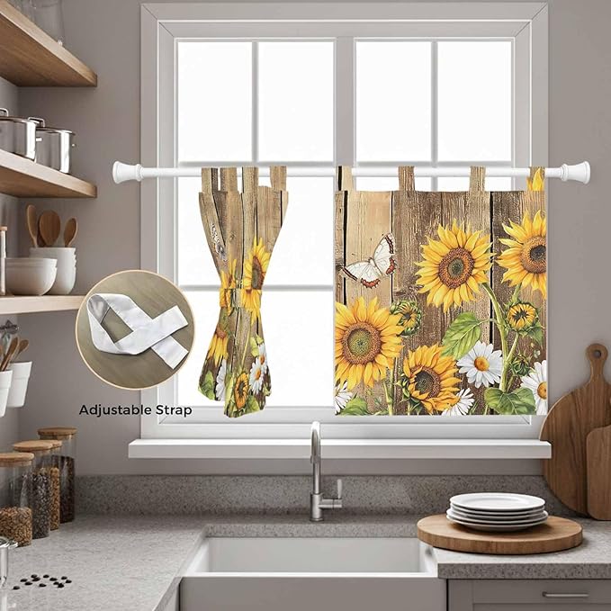 Farmhouse Sunflowers Kitchen Curtains 24 Inch Length, Small Window Curtains Tab Top, Rustic Floral Buttterfly Wood Board Brown Light Filtering Short Window Treatments Tier Drapes 27.5"x24" 2 Panel