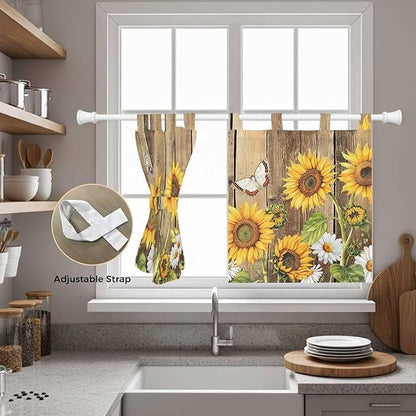 Farmhouse Sunflowers Kitchen Curtains 24 Inch Length, Small Window Curtains Tab Top, Rustic Floral Buttterfly Wood Board Brown Light Filtering Short Window Treatments Tier Drapes 27.5"x24" 2 Panel