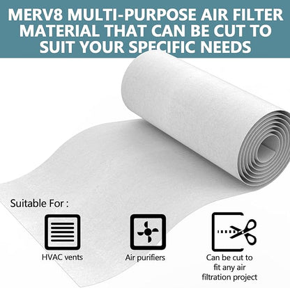 MERV 8 Filter Material, 23 Ft² Cut to Fit Air Filter Material for Captures Dust and Pet Dander as Small as 1.0 Microns. With Adhesive Hook Tape, Suitable for Ceiling and HVAC Furnace Vents