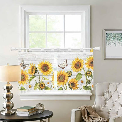 Yellow Sunflowers Kitchen Curtains 24 Inch Length, Small Window Curtains Tab Top, Vintage Country Flowers Butterfly Wood Board Light Filtering Short Window Treatments Tier Drapes 27.5"x24" 2 Panel