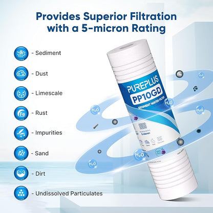 PUREPLUS 5 Micron 10" x 2.5" Whole House Grooved Sediment Home Water Filter, Replacement Cartridge for Any 10 inch RO Unit, AO-WH-PREV-R2, AP110, WHKF-G05, AB-SGR5M, GXWH20S, WFPFC5002, CFS10, 6Pack