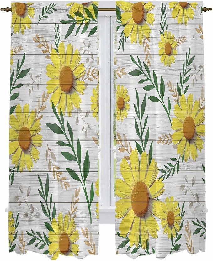 Yellow Daisy Kitchen Curtains, Farmhouse Country Flower Leaf Plant Wood Grain Light Filtering Window Curtain Panels, 2Pcs Rod Pocket Window Treatments Set for Living Room Bathroom Bedroom 52x72 Inches