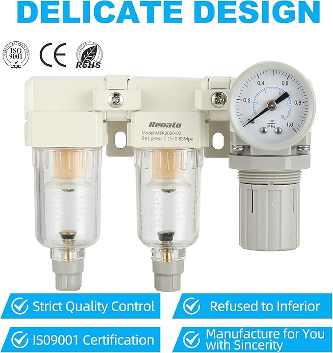 1/4" NPT Three Stage Air Drying System - 5 Micron Particulate Filter Air Pressure Regulator Combo - 0-125psi Gauge, Semi-Auto Drain, Metal Bracket