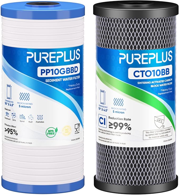 PUREPLUS 5 Micron 4.5"x10" Whole House Water Filter Combo Kit with Grooved Sediment and Activated Carbon Block Filter, Replacement for AP810, AP811, WFHDC8001, CB-BB-10, FXHTC, GXWH40L, 1PACK