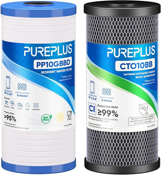 PUREPLUS 5 Micron 4.5"x10" Whole House Water Filter Combo Kit with Grooved Sediment and Activated Carbon Block Filter, Replacement for AP810, AP811, WFHDC8001, CB-BB-10, FXHTC, GXWH40L, 1PACK