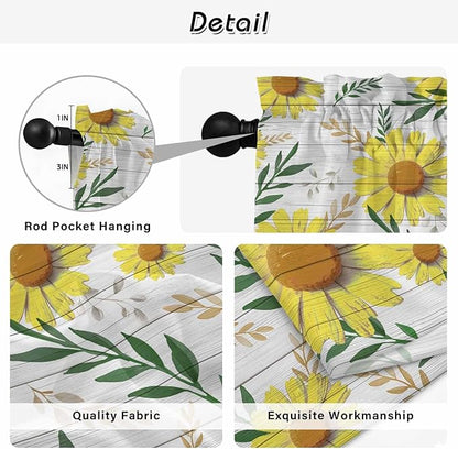 Yellow Daisy Kitchen Curtains, Farmhouse Country Flower Leaf Plant Wood Grain Light Filtering Window Curtain Panels, 2Pcs Rod Pocket Window Treatments Set for RV Dining Room Study Room 42x45 Inches