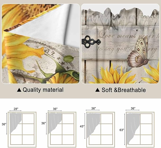 Farm Flowers Swag Valances for Windows, Retro Sunflowers Barn Doors Butterfly Wood Board Rod Pocket Kitchen Curtains Valance, Small Window Curtains Swag for Cafe Living Room, 2 Panels, 36x36 inch