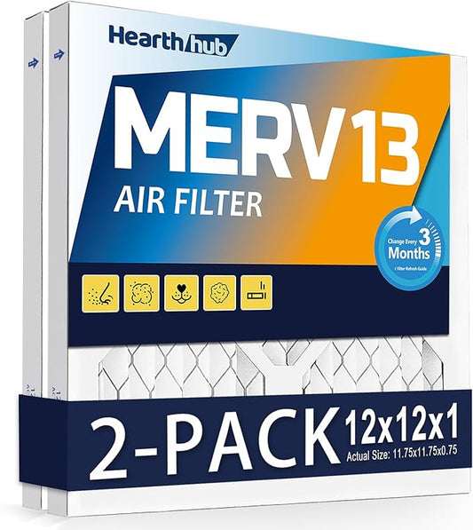 12×12×1 MERV 13 Furnace Air Filters - HVAC/Furnace AC Filter Replacement (Actual Size 11.75x11.75x0.75) - Pleated Dust Defense Air Conditioner Filters for Home Office (2 Pack)