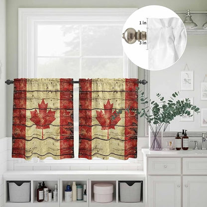 Kitchen Curtains Tiers and Valance Set of 3, Canada Light Filtering Window Curtain Set, Red Maple Leaf Flag Farmhouse Shabby Wooden Grain Rod Pocket Curtain Drapes for Living Room, 36 Inches Tiers