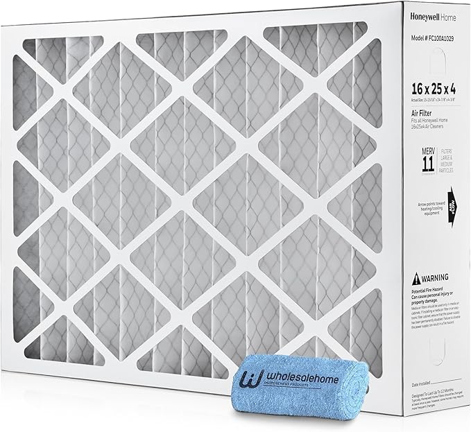 16x25x4 Air Filter Replacement MERV 11, FC100A1029 Pleated HVAC AC Furnace Filters with Wholesalehome Cleaning Cloth (Actual Size: 15.94 x 24.86 x 4.38 Inches)