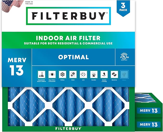 Filterbuy 12x12x2 Air Filter MERV 13 Optimal Smoke & Allergy Defense (3-Pack), Electrostatic Pleated HVAC AC Furnace Filters Replacement, Made in USA (Actual Size: 11.50 x 11.50 x 1.75)