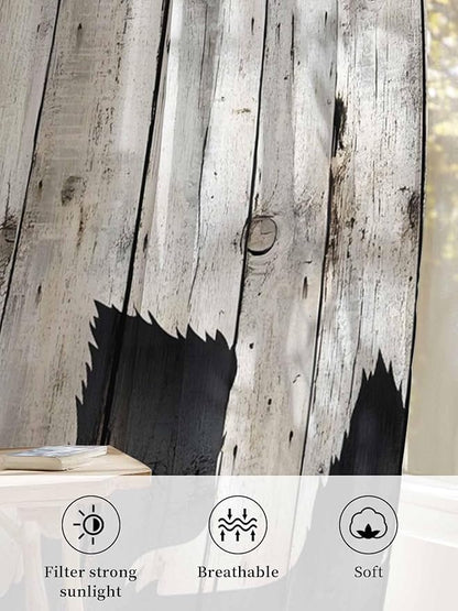 Sheer Curtains 45 Inch Length, White Brown Bear Semi Sheer Curtains Light Filtering Window Treatment, Rustic Counrty Vintage Wood Grain Privacy Voile Drapes for Living Room Bedroom 52x45 Inch