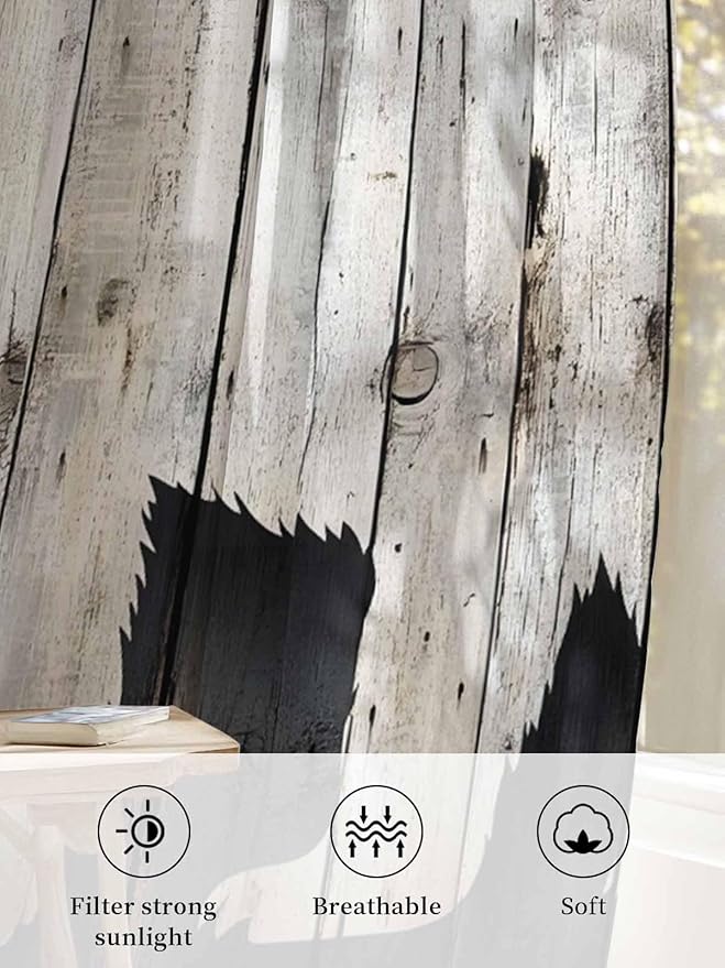 Sheer Curtains 96 Inches Long, White Brown Bear Semi Sheer Curtains Light Filtering Window Treatment, Rustic Counrty Vintage Wood Grain Privacy Voile Drapes for Living Room Bedroom 52x96 Inch