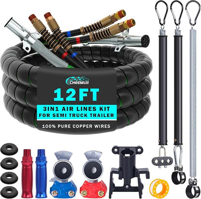 CheeMuii 12FT Semi Truck Air Line Kit with Gladhands Air Line Holder and Springs Kit 7 Way Trailer Cord and Air Brake Hoses 3-in-1 Air Lines Set for Semi Truck Trailer Tractor