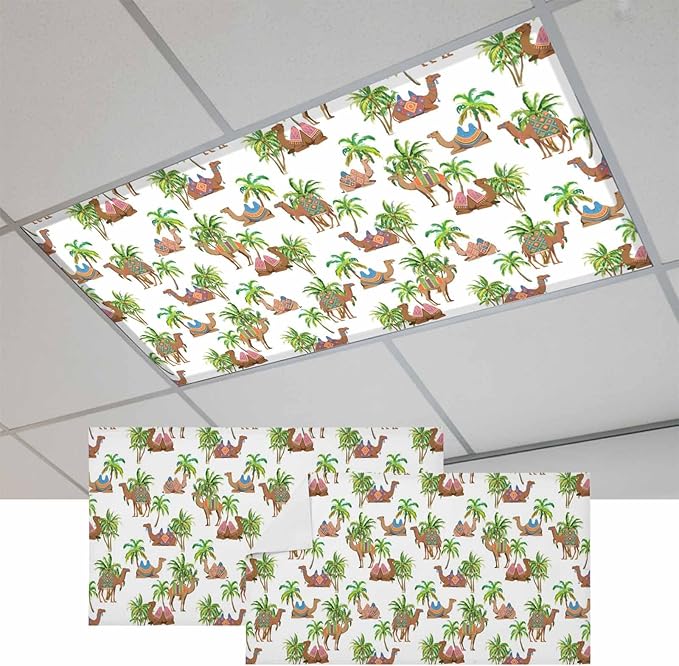 Fluorescent Light Covers for Ceiling Lights Deserts Camels Magnetic Light Filters 2 Pack 4x2 ft Southwest Date Trees Ceiling Lights Cover for Classroom Office School Home Drop Lamp Decor
