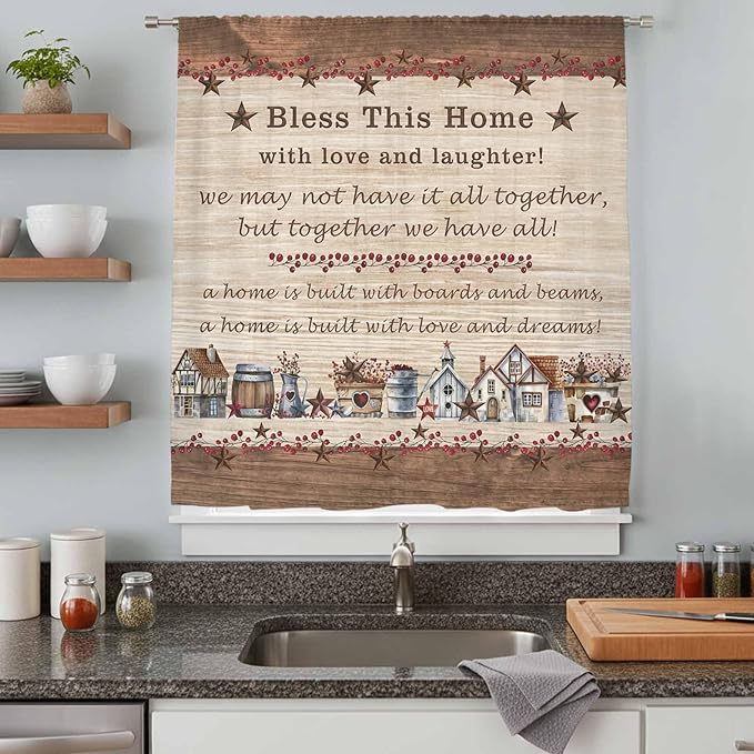 Farmhouse Sheer Curtains 54 Inch Length Brown Country Star Berry Vintage Wood Grain Chiffon Curtain for Bedroom Living Room Light Filtering Window Treatments Voile Curtains Drapes for Kitchen