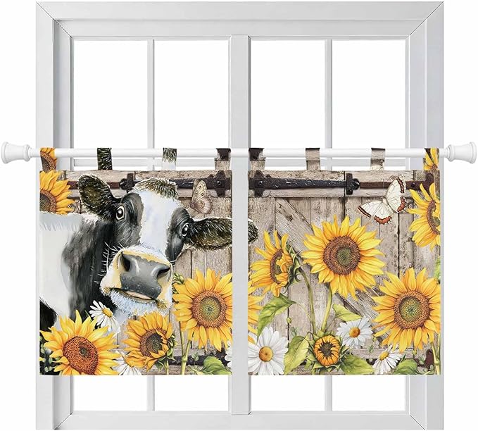 Retro Farmhouse Flower Kitchen Curtains 36 Inch Length, Small Window Curtains Tab Top, Yellow Sunflowers Cow Barn Doors Brown Light Filtering Short Window Treatments Tier Drapes 27.5"x36" 2 Panel