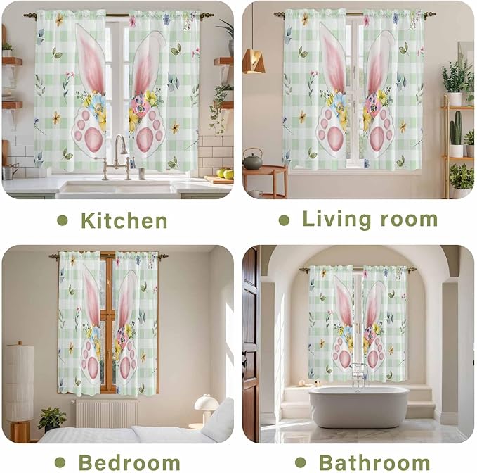 Easter Window Curtains 63 Inch Long 2 Panel Set, Rod Pocket Bedroom Curtains & Drapes, Spring Bunny Ears Feet Flowers Green Plaid Light Filtering Window Treatment for Living Room 42"W x 63"L