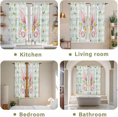 Easter Window Curtains 63 Inch Long 2 Panel Set, Rod Pocket Bedroom Curtains & Drapes, Spring Bunny Ears Feet Flowers Green Plaid Light Filtering Window Treatment for Living Room 42"W x 63"L