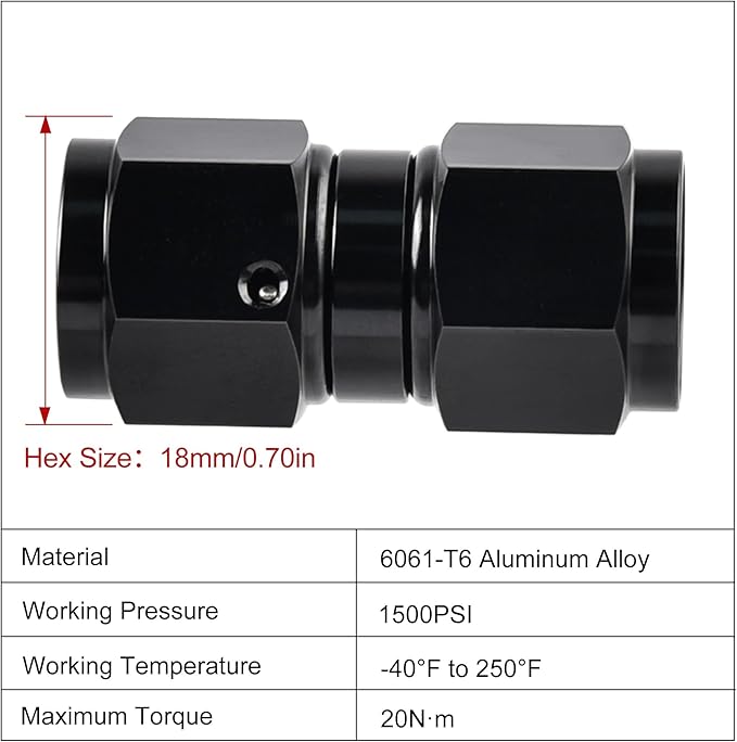 EVIL ENERGY 6AN Female to 6AN Female Straight Swivel Coupler Union Fitting Adapter Aluminum Black 2PCS