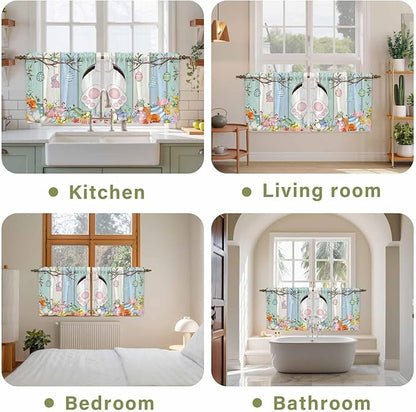 Easter Kitchen Tier Curtains 24 Inch Long 2 Panel Set,Rod Pocket Cafe Small Window Curtains Over Sink,Spring Watercolor Bunny Eggs Wood Grain Teal Blue Light Filtering Short Drapes 27.5"W x 24"L