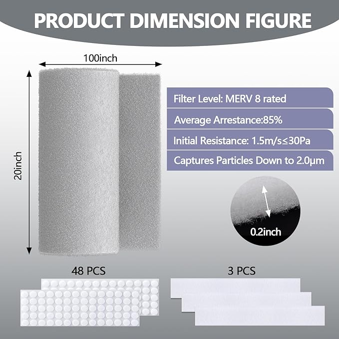 20" x 100" Air Vent Filters, with 48Pcs Adhesive Hook Tape, Cut to Size Air Filter Material HVAC Furnace Filters Kit MERV 8 Triple Vent Filter for Home Floor Register, Ceiling, Grilles