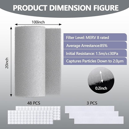20" x 100" Air Vent Filters, with 48Pcs Adhesive Hook Tape, Cut to Size Air Filter Material HVAC Furnace Filters Kit MERV 8 Triple Vent Filter for Home Floor Register, Ceiling, Grilles