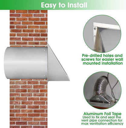 6 Inch Hooded Wall Vent with Screen and Damper,6 Inch Exhaust Vent Cover Cap for Outdoor Kitchen Range Hood Dryer Ventilation,Outside Wall Mount Extractor for House Air Exhaust, Stainless Steel