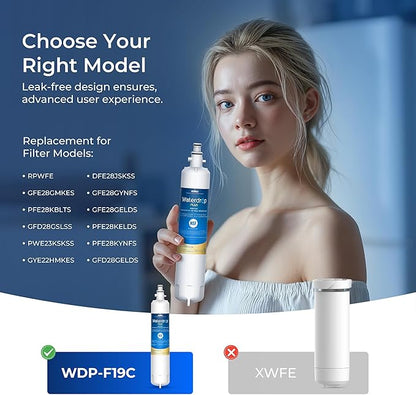 Waterdrop Plus WDP-F19C Replacement for GE® RPWFE®, RPWF (with CHIP) NSF 401 Refrigerator Water Filter, Compatible with WSG-4, GFE28GBLTS, GFE28GSKSS, PFE28KMKES, 2 Filters（Package May Vary）