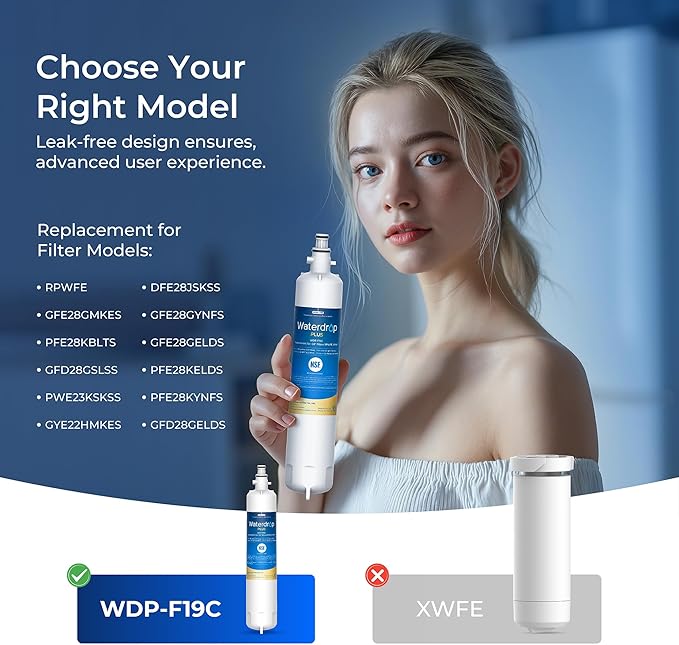 Waterdrop Plus WDP-F19C Replacement for GE® RPWFE®, RPWF (with CHIP) NSF 401 Refrigerator Water Filter, Compatible with WSG-4, GFE28GBLTS, GFE28GSKSS, PFE28KMKES, 3 Filters (Package May Vary)