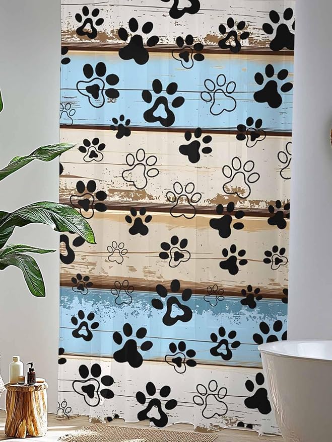 Sheer Curtains 108 Inches Long, Blue Brown Paw Prints Semi Sheer Curtains Light Filtering Window Treatment, Vintage Farmhouse Rustic Wooden Grain Privacy Voile Drapes for Living Room 52x108 Inch