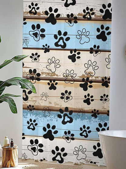 Sheer Curtains 108 Inches Long, Blue Brown Paw Prints Semi Sheer Curtains Light Filtering Window Treatment, Vintage Farmhouse Rustic Wooden Grain Privacy Voile Drapes for Living Room 52x108 Inch