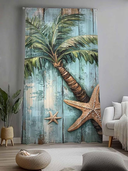Sheer Curtains 84 Inches Long, Coastal Blue Green Tree Semi Sheer Curtains Light Filtering Window Treatment, Beach Tropical Vintage Wood Grain Privacy Voile Drapes for Living Room Bedroom 52x84 Inch