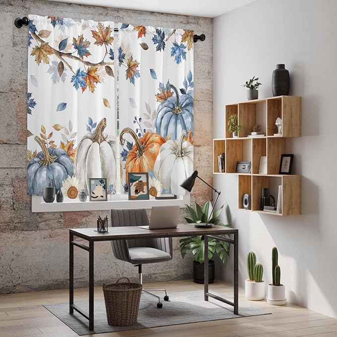 Navy Blue Pumpkin Fall Window Curtains 63 Inch Long 2 Panel Set, Rod Pocket Bedroom Curtains & Drapes, Thanksgiving Maple Leaves Branches Light Filtering Window Treatment for Living Room 42"W x 63"L