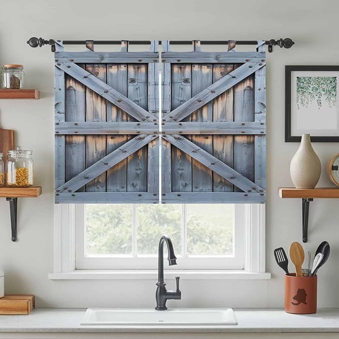 Farmhouse Wood Grain Kitchen Curtains 45 Inch Length, Short Cafe Window Curtains Tab Top, Vintage Country Barn Gate Textured Light Filtering Window Treatments Tier Drapes 27.5"x45" 2 Panel