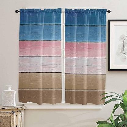 Blue Pink Brown Gradient Wood Grain Window Valance Curtains, Vintage Wood Board Light Filtering Kitchen Valance with 3-inch Rod Pocket for Living Room Bathroom Bedroom,2 Panel,42x63In
