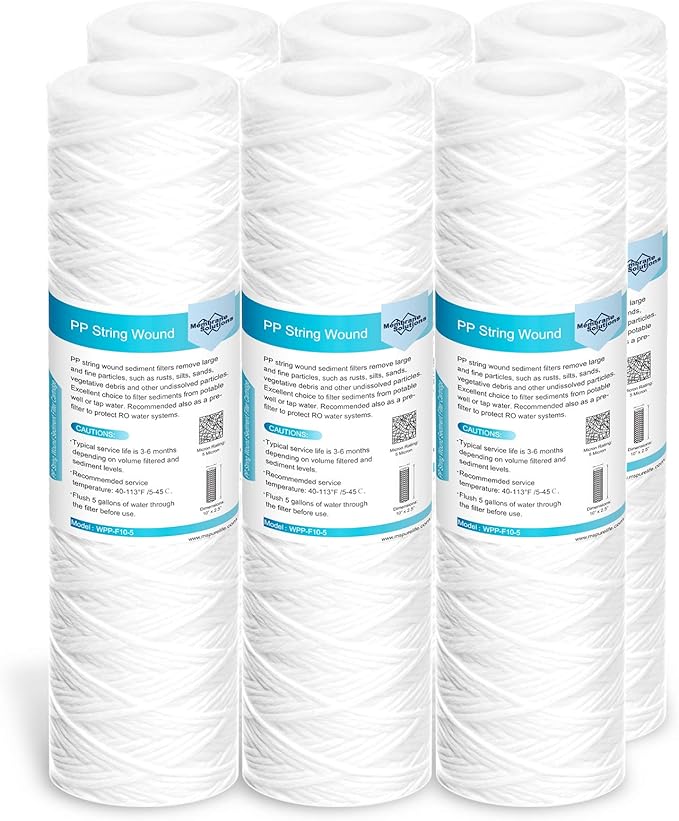 Membrane Solutions 5 Micron 10"x2.5" String Wound Whole House Water Filter Replacement Cartridge Universal Sediment Filters for Well Water - 6 Pack
