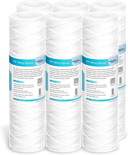 Membrane Solutions 5 Micron 10"x2.5" String Wound Whole House Water Filter Replacement Cartridge Universal Sediment Filters for Well Water - 6 Pack