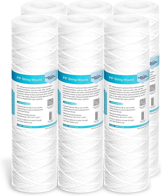 Membrane Solutions 5 Micron 10"x2.5" String Wound Whole House Water Filter Replacement Cartridge Universal Sediment Filters for Well Water - 6 Pack