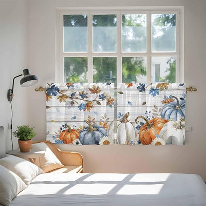Thanksgiving Pumpkin Kitchen Tier Curtains 36 Inch Long 2 Panel Set,Rod Pocket Half Window Curtains Over Sink,Fall Maple Leaf Daisy Wooden Grain Short Drapes for Bathroom Cafe 27.5"W x 36"L