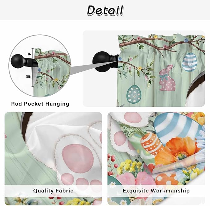 Easter Kitchen Curtains 54 Inch Long 2 Panel Set, Rod Pocket Window Curtains Panels, Spring Watercolor Bunny Eggs Wooden Grain Green Light Filtering Drapery Draperies for Bathroom Bedroom 52"W x 54"L