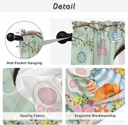 Easter Kitchen Curtains 54 Inch Long 2 Panel Set, Rod Pocket Window Curtains Panels, Spring Watercolor Bunny Eggs Wooden Grain Green Light Filtering Drapery Draperies for Bathroom Bedroom 52"W x 54"L