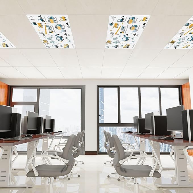 4 Pcs Fluorescent Light Covers for Ceiling Lights Construction Vehicles Machinery Trucks Cranes Cement Mixers Blue Decorative Magnets Light Filters for Office Home Classroom Must Haves 4’ x 2’